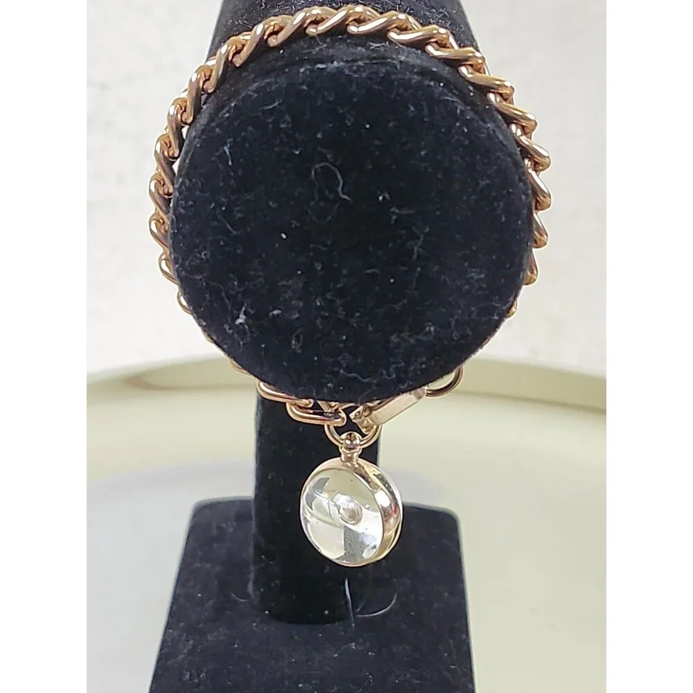 Vintage Unsigned Gold Colored Links Chunky Bracelet with Clear Dangling Marble